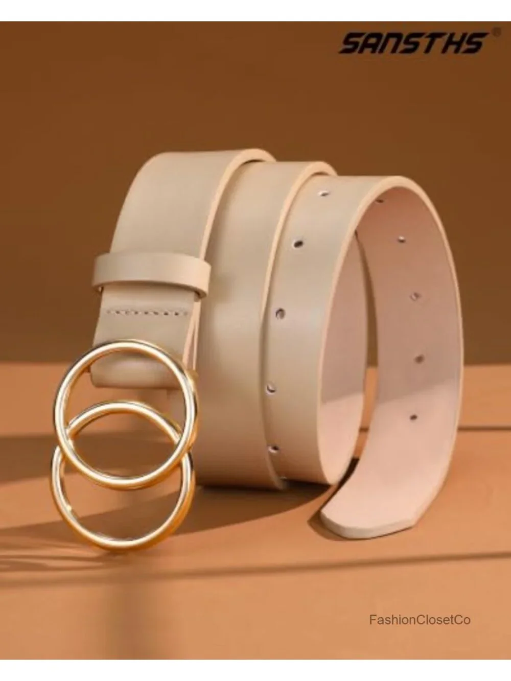 Women's Faux Leather Belt Double Ring Buckle Fashion Waist Belt for Jeans